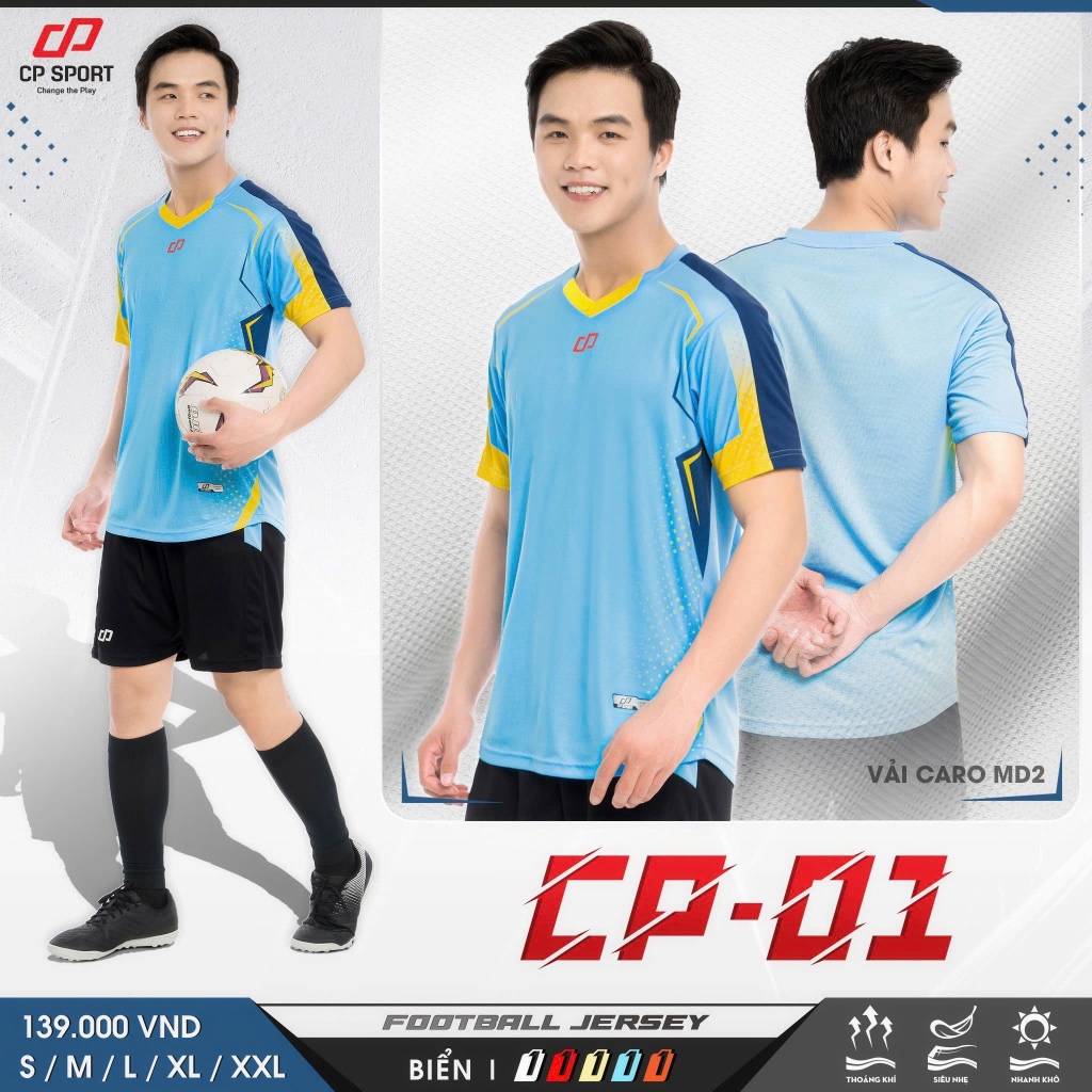 CP SPORT - Bộ Quần Áo Bóng Đá CP01 XANH BIỂN,Chính Hãng,Chất Vải Mè Thoáng Khí,Siêu Đẹp CPK-CP01-BIE