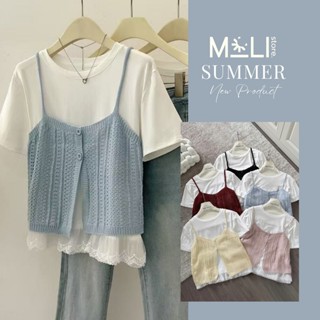 Set Áo Thun Gấu Viền Ren Kèm Áo 2 Dây Len Cổ Tim – Phong Cách Hàn Quốc | MOLI Store