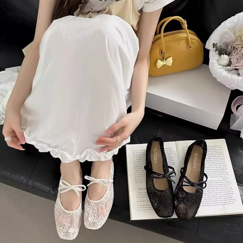 (Lùi 1 sz) Giày nữ búp bê đế bệt vải ren thắt nơ Mã 076 | BigBuy360 - bigbuy360.vn