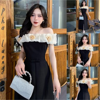 CE2 - Váy Thiết Kế Evii dành cho nữ,Đầm thiết kế trễ vai phối bèo tơ tiểu thư (tặng kèm 3 hoa liền) đai may liền, dáng A