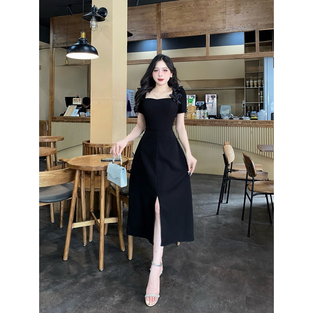 2CE3 - Váy Thiết Kế Eviici dành cho nữ,  thiết kế cổ vuông,hoa cắt thủ công đính liền tạo điểm nhấn,