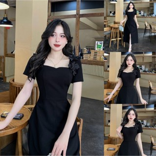 CE3 - Váy Thiết Kế Evii dành cho nữ, Đầm thiết kế cổ vuông,hoa cắt thủ công đính liền tạo điểm nhấn,dáng A dài xẻ trước