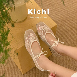 Giày KICHI lưới ren mũi vuông độn đế 3.5cm phối nơ quai chun Giày ballet mary jane ren lưới thêu ren