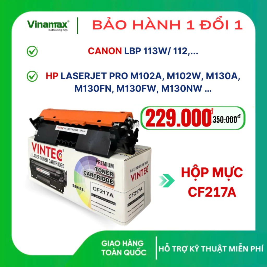 Hộp mực máy in HP M102A/M102W/M130A/M130FN/M130FW/M130NW (mã CF217A), V-TECH, đã có sẵn mực, in đậm 