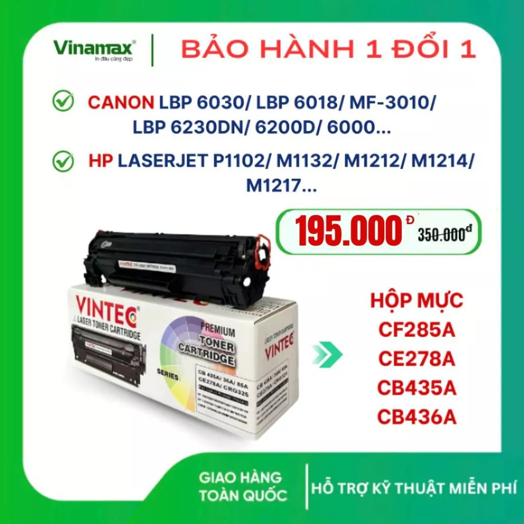 Hộp mực CE285A / 85A – dùng cho Canon LBP 6030 / 6000 & HP P1102 / P1102W / M1132 – in rõ nét, sẵn mực, có lổ nạp mực.