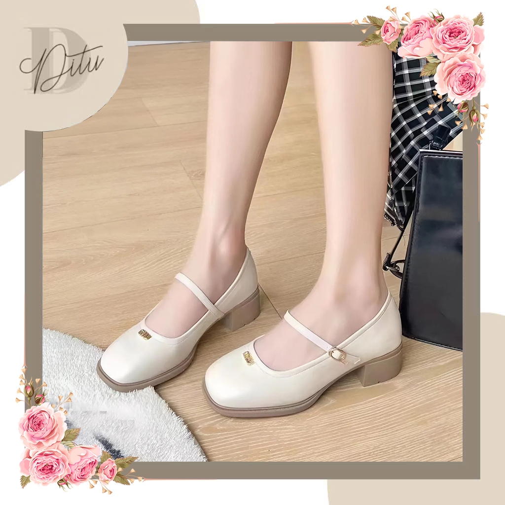 Giày Búp Bê Nữ Đế Cao, Giày Nữ Quai Vắt Mũi Vuông Gắn Tag Min Thời Trang Full Box N01