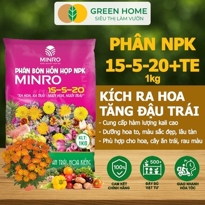 Phân NPK 15-5-20 Greenhome, Minro, Bao 1Kg, Kích Ra Hoa, Tăng Đậu Trái Trên Kiểng, Cây Ăn Trái, Củ