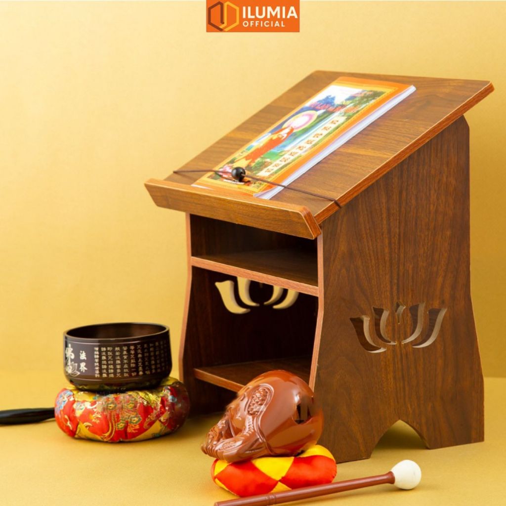Kệ bàn gỗ để sách tụng kinh Phật họa tiết hoa sen thương hiệu ILUMIA - GP270