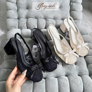 Giày Cao Gót Nữ Họa Tiết Hoa Đính Nơ Gót Vuông 7cm Phong Cách Tiểu Thư Nhẹ Nhàng (fom 0.9 chân mập tăng 1sz)