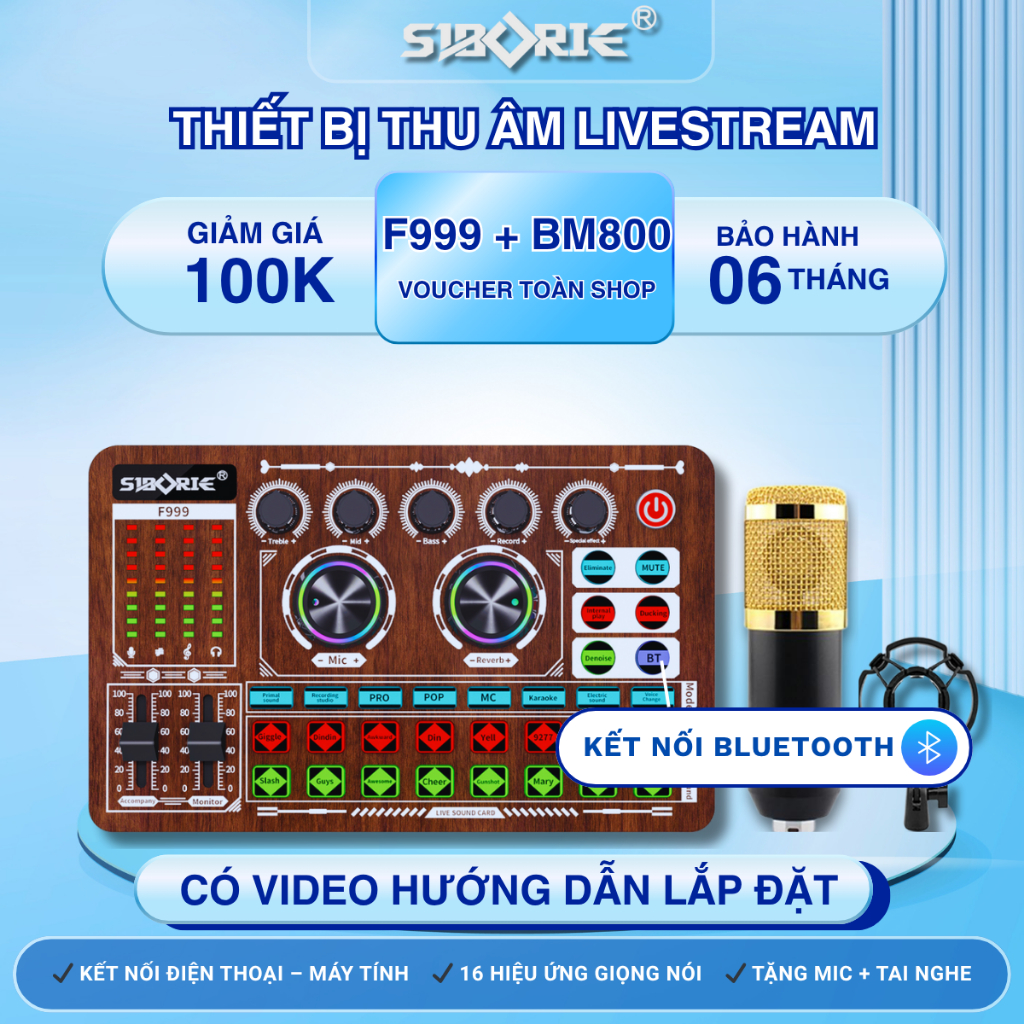 Soundcard Livestream F999 Kèm Mic BM800, Thiết Bị Thu Âm, Card Âm Thanh, Hát Karaoke, Mic Kim Loại..