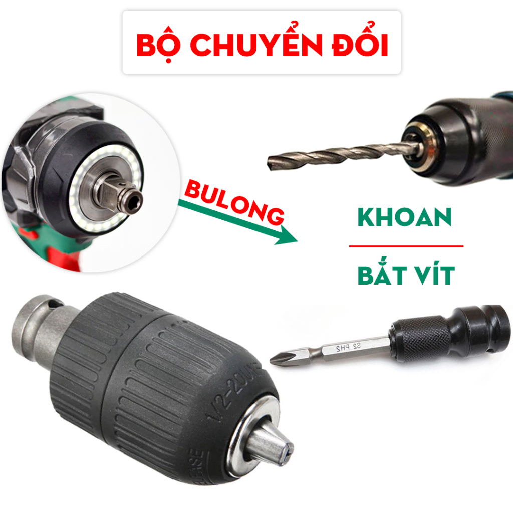Bộ Chuyển Đổi Máy Bulong Sang Máy Khoan Máy Bắt Vít Bắn Vít Tôn Đầu Kẹp 1/2 Thép