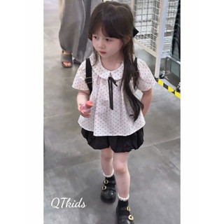 Đồ đi học bé gái, Váy sơ mi, Sét áo sơ mi chấm bi cổ sen phối chân váy bom 2 lớp bé đi học đi chơi 10-30kg Min Kids