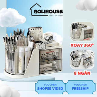 Hộp đựng bút, đồ makeup để bàn xoay 360 có ngăn kéo đa năng decor bàn học - BOLI HOUSE