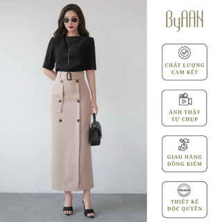  Chân Váy Bút Chì Phối Cúc Bản To Kèm Đai Lưng Cá Tính Chất Kaki Mịn Thoáng Mát– ByAAN A047 