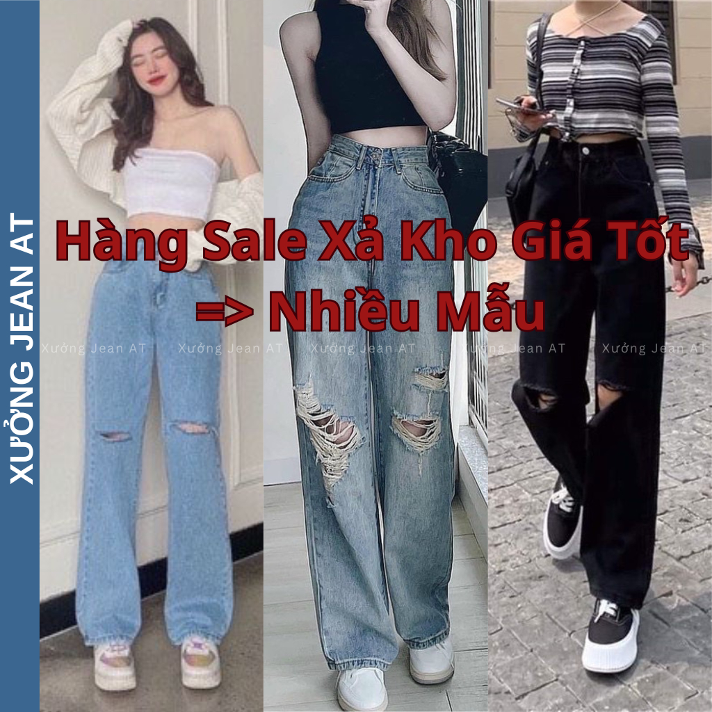 Xả Hàng Nhiều Mẫu Quần Jean Nữ Ống Rộng Trơn và Rách Gối Nhiều Màu Dáng Suông Chất Bò Dày Dặn 510