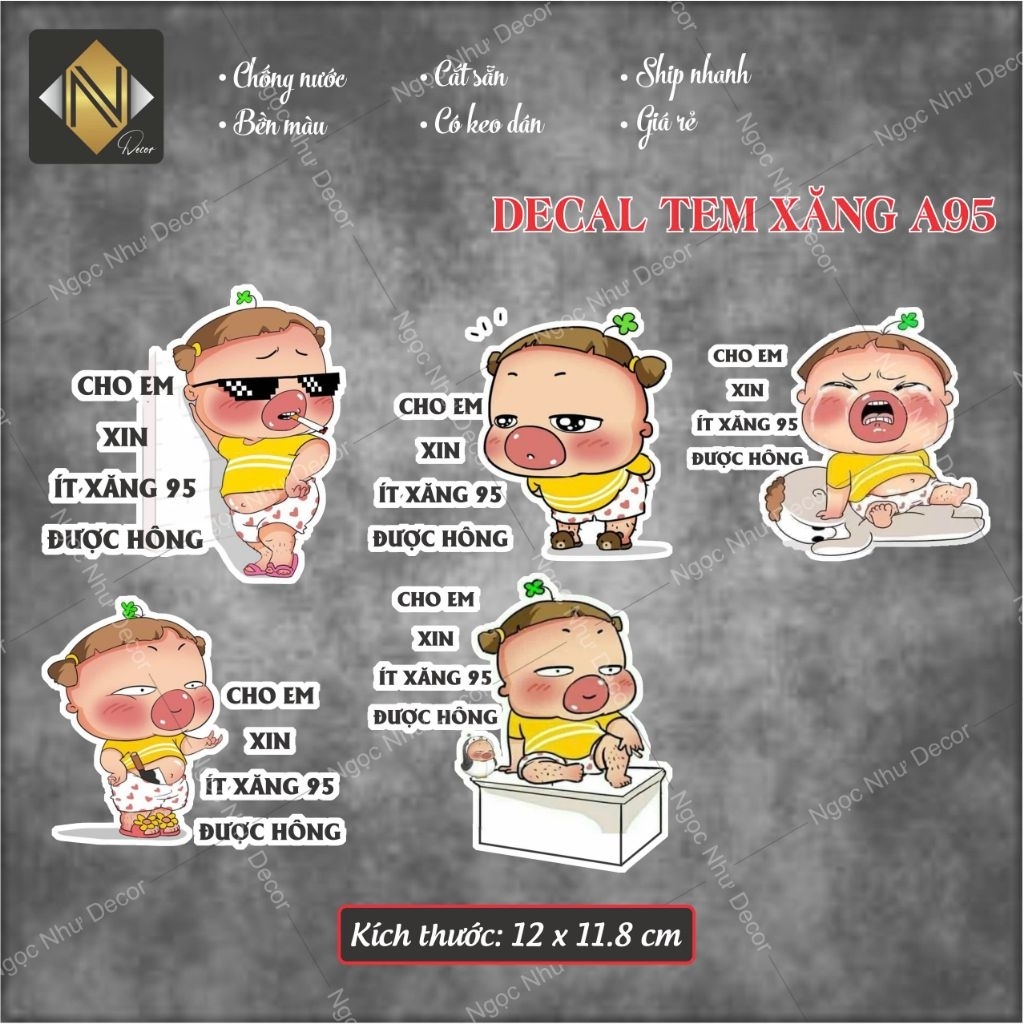 Decal nhựa chống nước TEM DÁN NẮP XĂNG 95 MẪU QUỲNH AKA dán nắp xăng xe hơi, ô tô