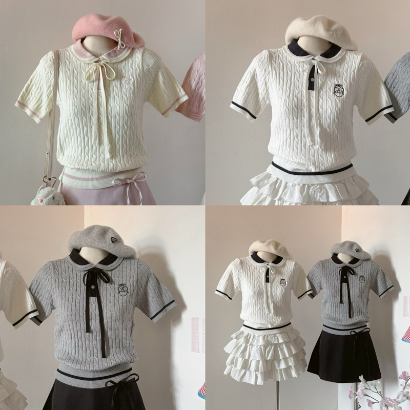 [ CÓ SẴN- RIÊNG BE ORDER ] LISA TOP - ÁO POLO CỔ SEN CHẤT LEN MỎNG DỆT KIM ÔM DÁNG PHỐI NƠ THÊU LOGO