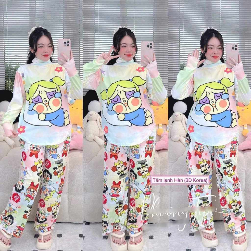 Set đồ bộ ủ kem cổ lọ thun gân tăm lạnh dày mát, tay dài xỏ ngón lai bầu in hình labubu, đồ bộ ủ kem