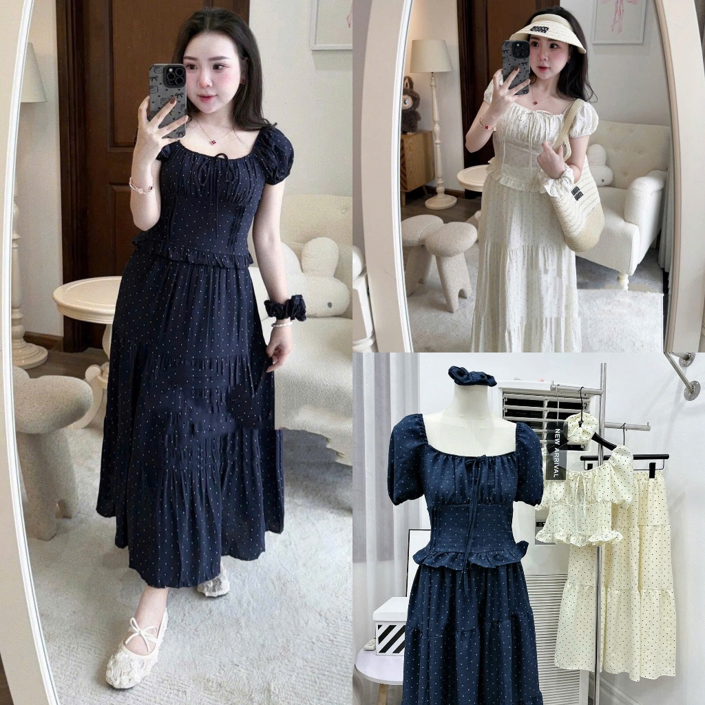 [Có Dây Buộc Tóc]: Set Áo Chấm Bi Tay Bồng Cổ Vuông Nhúm Ngực Mix Chân Váy Dáng Xòe 2 Màu Tôn Da (Ản