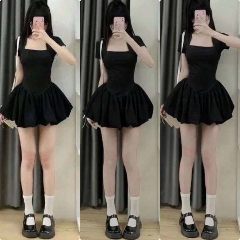 Đầm bí dáng bồng tiểu thư form xòe, váy nữ xinh cổ U dáng ngắn tay ngắn - 25 Store