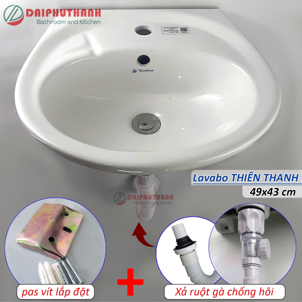 Chậu Rửa Mặt Lavabo THIÊN THANH Kèm Phụ Kiện Treo Tường - Gồm chậu, xi phông ruột gà chống hôi và pas lắp đặt