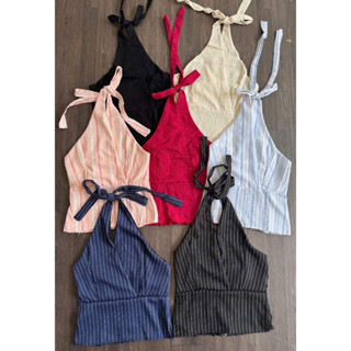 Áo Croptop Linen Cổ Yếm Cột Dây Basic Phối Dây Kéo Dáng Ôm Eo Bo Chun Sau Cho Nữ m6022