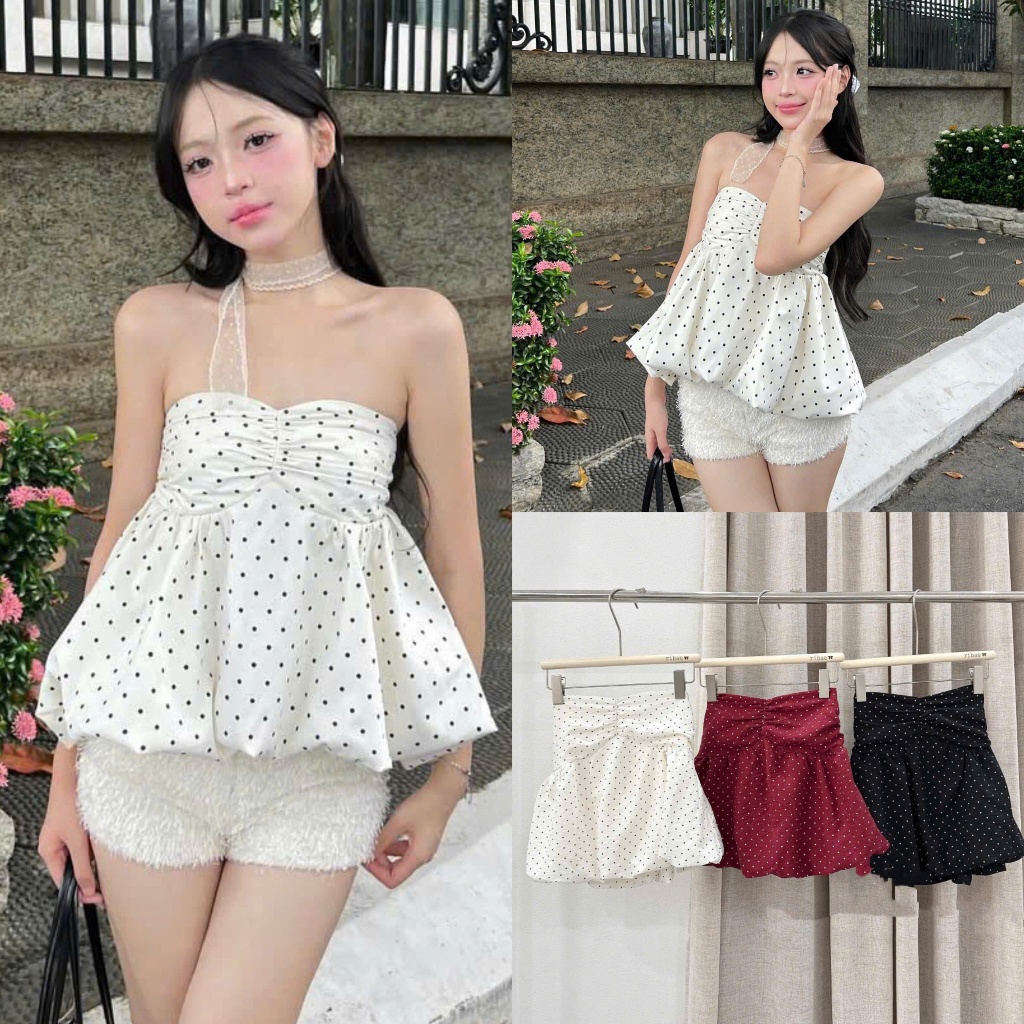 Áo Tube Top Babydoll 3 Màu Chấm Bi Dáng Bí Cúp Ngực Bo Chun Chuẩn Form Mẫu Mặc (Ảnh Thật Trải Sàn) L