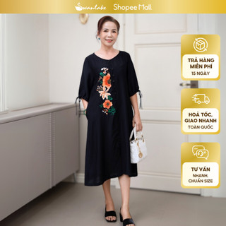 SWANLAKE | Váy Đầm Suông Trung Niên Vải Lụa Hàn Thêu Hoa Tay Lỡ Thắt Nơ Cổ Tròn Tặng Mẹ Bà - D11337