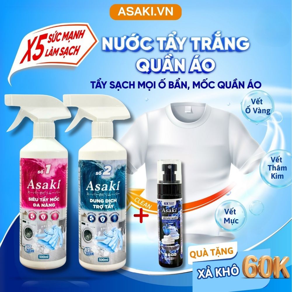 Tẩy Mốc Quần Áo ASAKI 1L Cặp Tẩy Trắng Tây Ố Vàng Không Phai Màu Dùng Cả Vải Trắng Vải Màu Chính Hãng