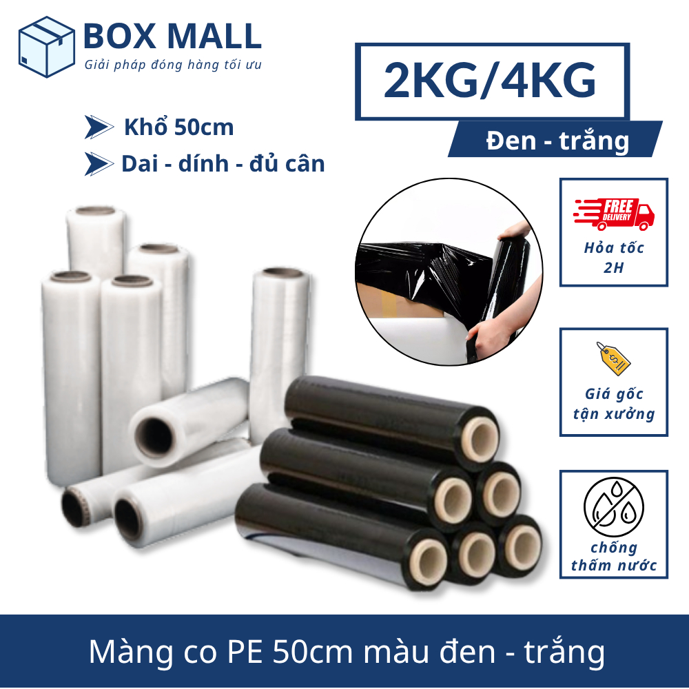 Màng PE quấn hàng khổ 50cm hai màu đen và trắng (2kg/4kg) (ĐÃ GỒM VAT)