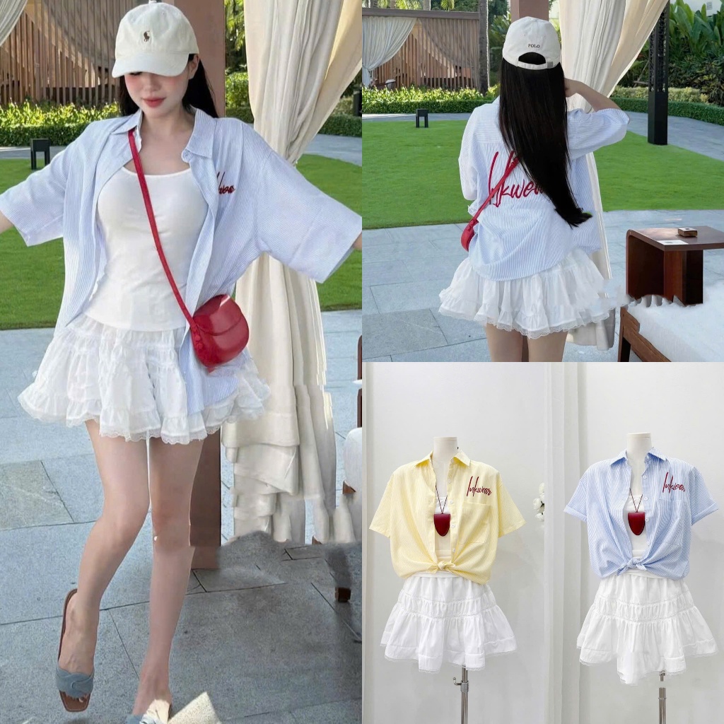 [Siêu Phẩm]: Set Áo Sơ Mi Kẻ 2 Màu Form Boxy Thêu Chữ Đỏ Siêu Nổi Kèm Áo 2 Dây Mix Chân Váy Xòe Dáng