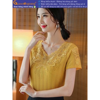  Áo thun nữ thêu đính đá cổ tim ngắn tay GLA263 Cuocsongvang 