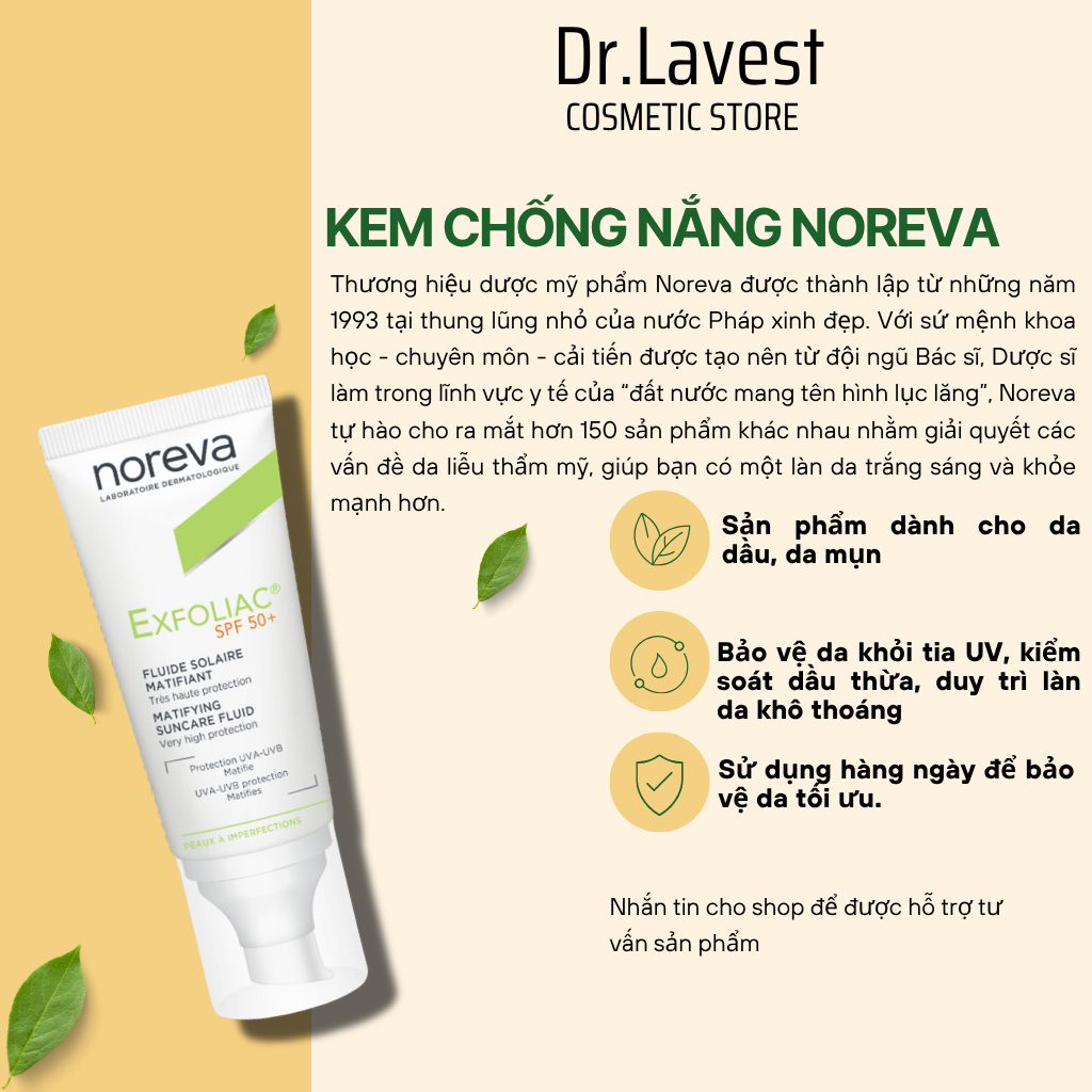 Kem Chống Nắng Dành Cho Da Dầu Mụn Noreva Exfoliac Matifing Suncare Fluid SPP50+ 40ml