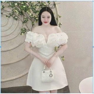 [Miễn Phí Ship 50K] Đầm thời trang nữ dự tiệc chất tapta cổ trễ ngực phối nơ hoa cườm đính đá dáng váy xoè midi