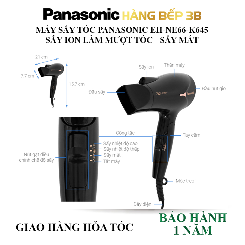 Máy sấy tóc Panasonic EH-NE66-K645 màu đen - Hàng chính hãng, bảo hành 12 tháng