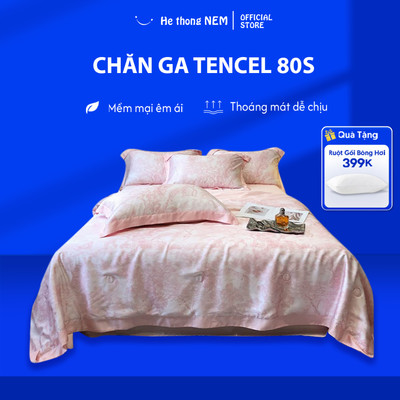 Bộ ra giường lụa tencel 80s He thong Nem cao cấp Bộ set chăn ga drap grap phủ trải giường 5 món êm ái mềm mại
