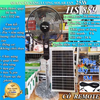  Quạt sạc tích điện năng lượng mặt trời 16 inch chính hãng SOLAR FAN HS 198 và 889 25W 30000 mah động cơ không chổi than 