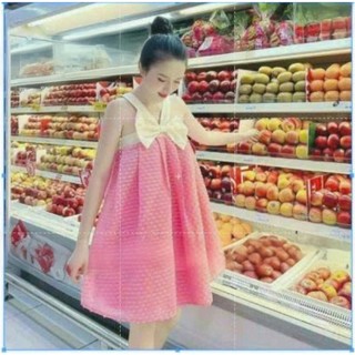Đầm thời trang nữ dự tiệc form rộng chất liệ xô cổ dây không tay nơ hoa ngực dáng váy dài xoè maxi sang trọng