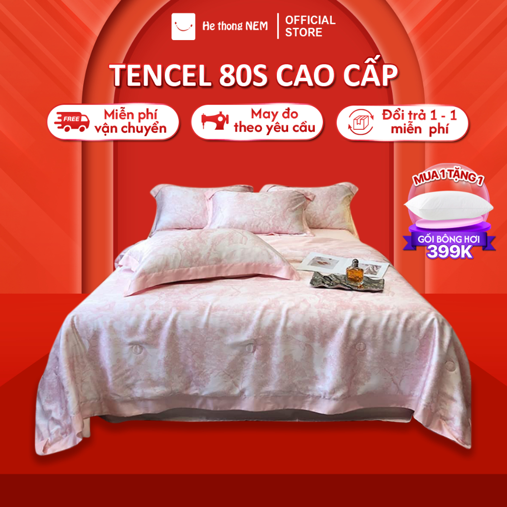 Bộ ra giường lụa tencel 80s Hệ Thống Nệm cao cấp Bộ set chăn ga phủ trải giường gối 5 món lụa tencel