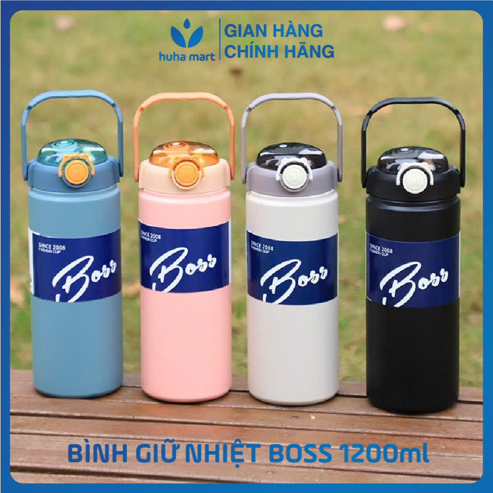 Bình Giữ Nhiệt Boss 1200ml lõi inox 304 Bình có quai xách kèm ống hút, miếng dán sticker siêu xinh
