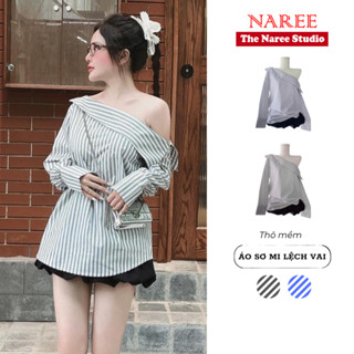 Áo Lệch Vai Nữ Dài Tay Kẻ Sọc NAREE, Sơ Mi Oversize Trễ Vai Form Rộng Dáng Dài Ulzzang Dấu Quần 281Q