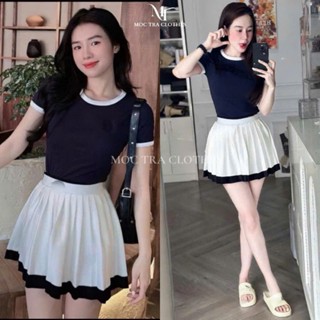 Set áo phông chân váy Loại 1 thiết kế áo thun phối viền trắng mix chân váy ngắn xếp ly dáng xoè nhẹ siêu xinh