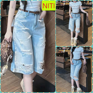   NCRS19  QUẦN JEANS NGỐ LỬNG NỮ LƯNG CAO RÁCH 6 MẢNG CAO MÀU XANH NHẠT LAI CUỐN FORM QUA GỐI CÁ TÍNH 