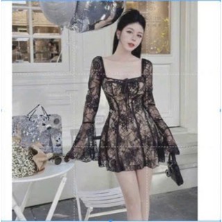 Đầm thời trang nữ mặc đi chơi đi tiệc chất ren cổ vuông nơ ngực tay dài loe dáng váy chữ A dài mini trẻ trung