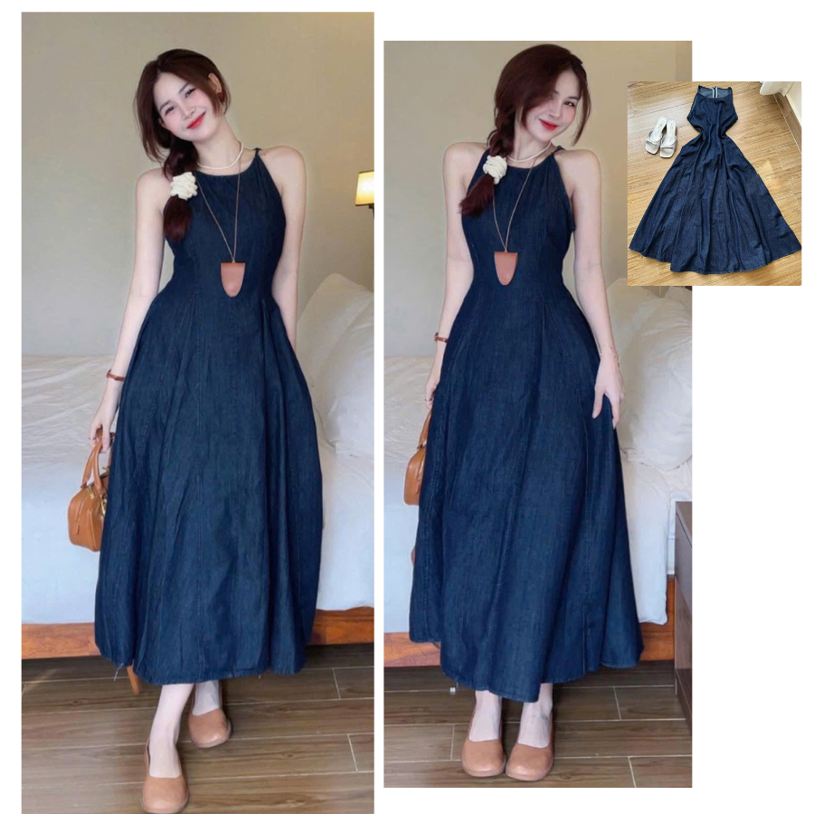 Váy Jean Maxi Dáng Dài Xoè Cổ Yếm, Đầm Váy Maxi Bò Cổ Yếm Dáng Xoè Dài Dáng Trẻ Trung, Váy Jean Nữ D