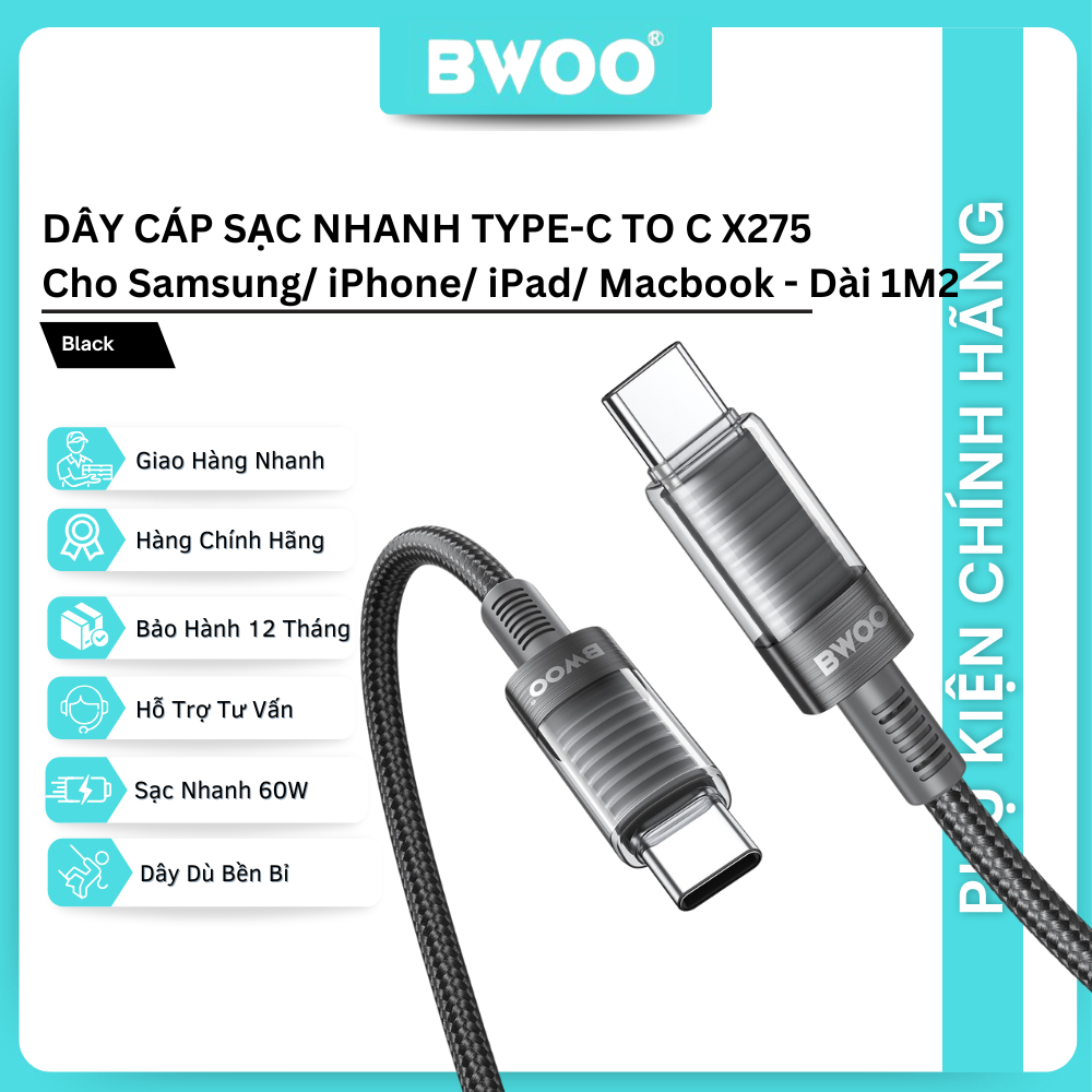 Dây cáp sạc nhanh Bwoo Type-C to C PD60W & Type-C to Li PD27W cho iPhone | Dài 1M | Bện Dù