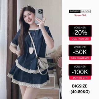Set váy thời trang BIGSIZE Banamo Sài Gòn áo denim viền ren mix chân váy xoè tiểu thư siêu xinh 188