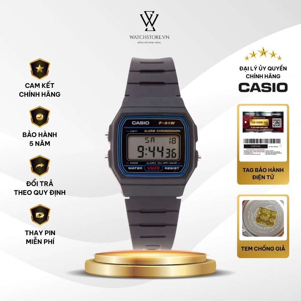 Đồng Hồ Điện Tử Nam Casio F-91W-1DG Xanh Dương Mặt Kính Nhựa 35.2mm Chống Nước Bền Bỉ Chính HãngE