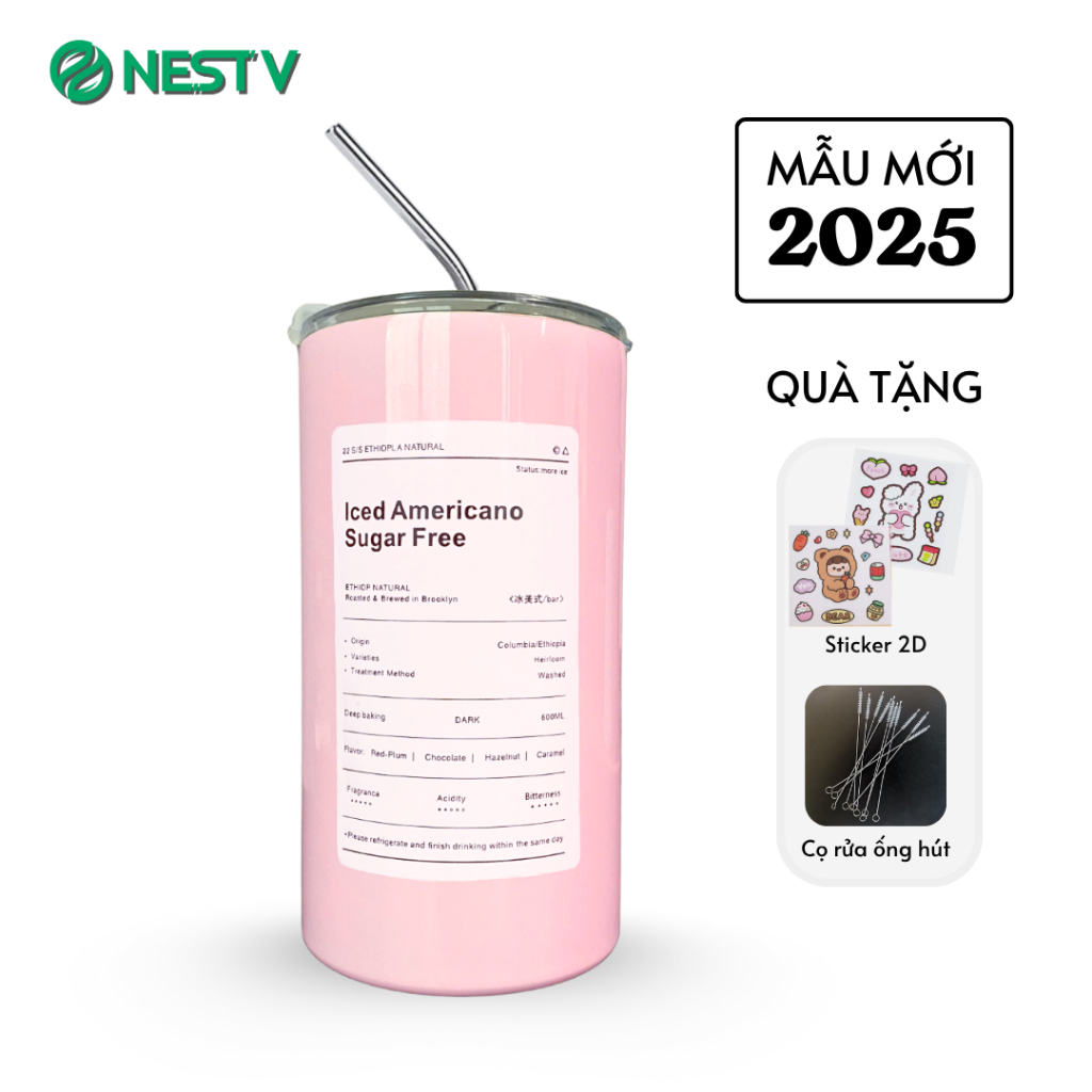   HỒNG PASTEL - Mẫu mới 2025  Bình nước giữ nhiệt ly giữ nhiệt Iced Americano inox 304 600ml KÈM ỐNG HÚT 
