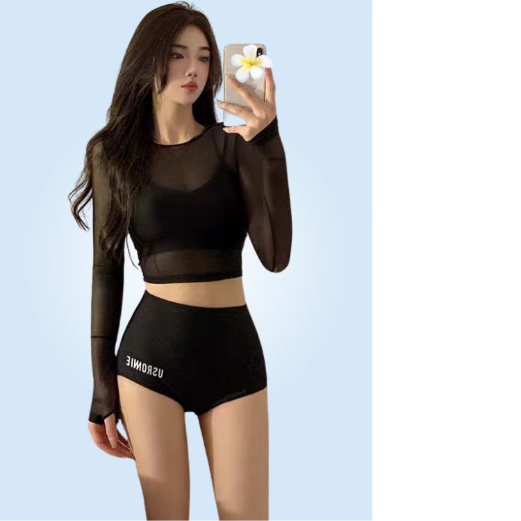 Đồ bơi đi biển 3 mảnh bikini đi biển áo 2 dây có áo lưới dài tay chống nắng quần cạp cao màu đen che